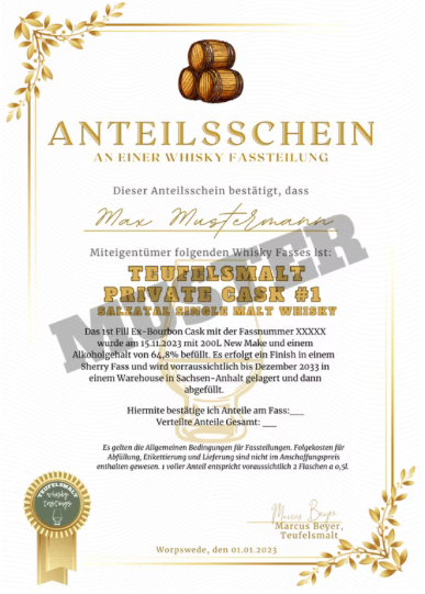 Fassteilung "Teufelsmalt Private Cask #1 von 2023" - 200 Liter (Abfüllung ca. 2034)